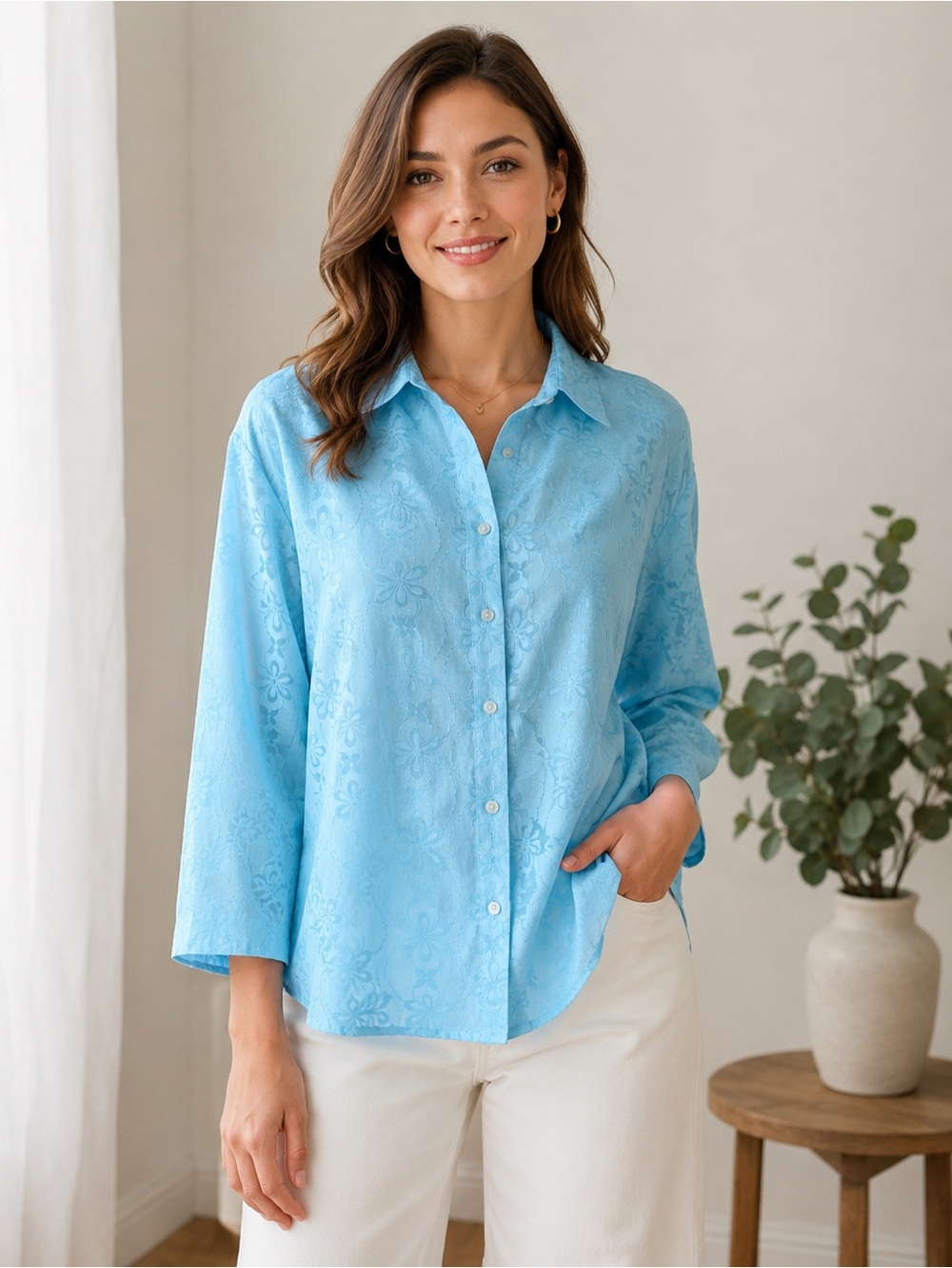 Liz Claiborne Light Blue Floral Button-Up Shirt